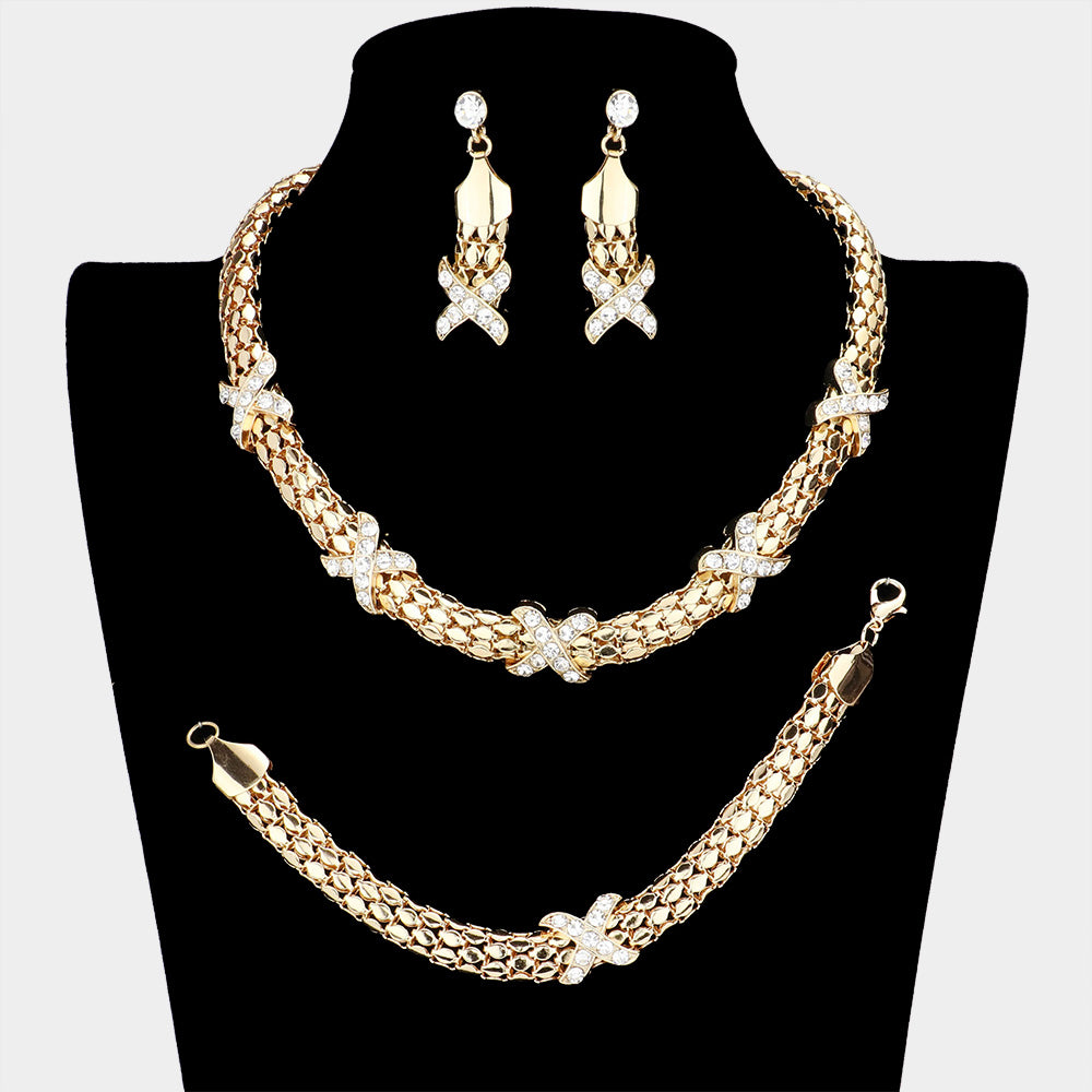 3-PCS Crossed Rhinestone Necklace Jewelry Set- Gold