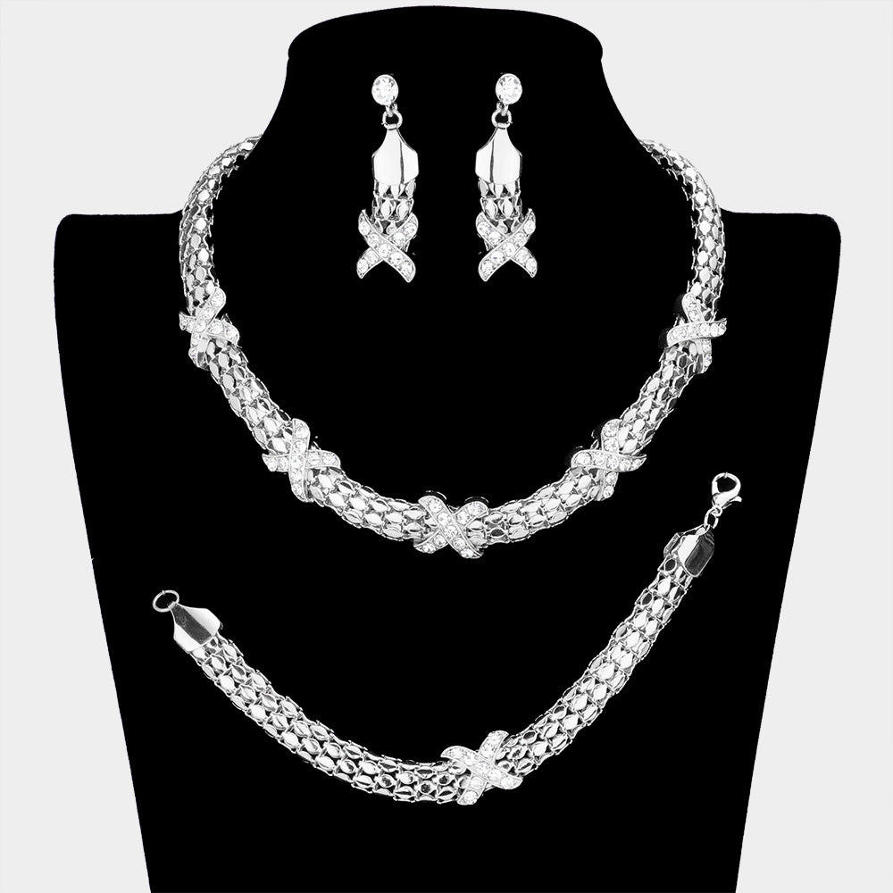 3-PCS Crossed Rhinestone Necklace Jewelry Set- Silver