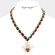 Load image into Gallery viewer, Pearl Honey Bee Pendant Color Block Fabric Metal Chain Necklace
