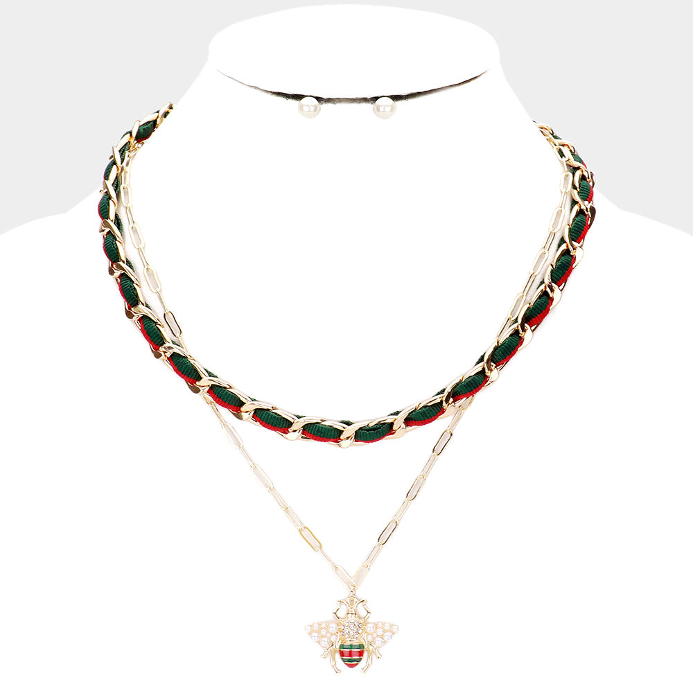 Color Block Fabric Detail Pearl Honey Bee Pendant Layered Necklace