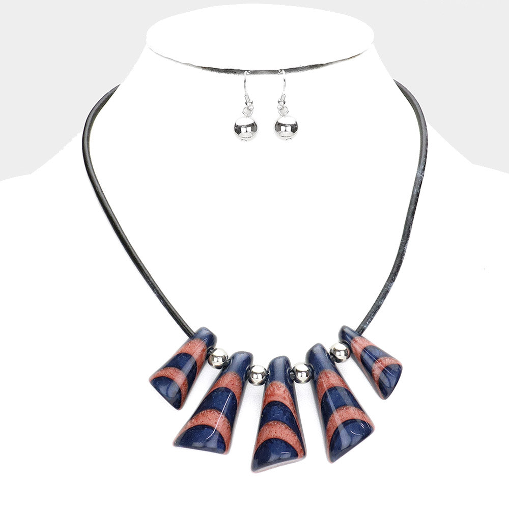 Blue Patterned Abstract Glitter Bead Necklace