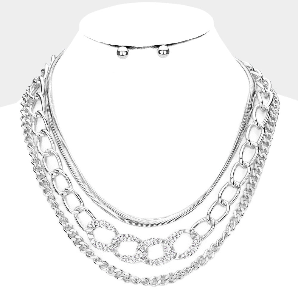 Classy Triple Layered  Rhinestone Embellished Metal Chain Accented Necklace