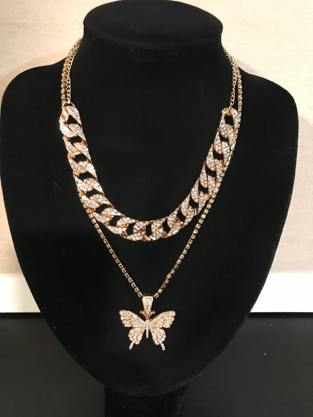 Butterfly Double Layer Full Diamond Thick Chain  Necklace