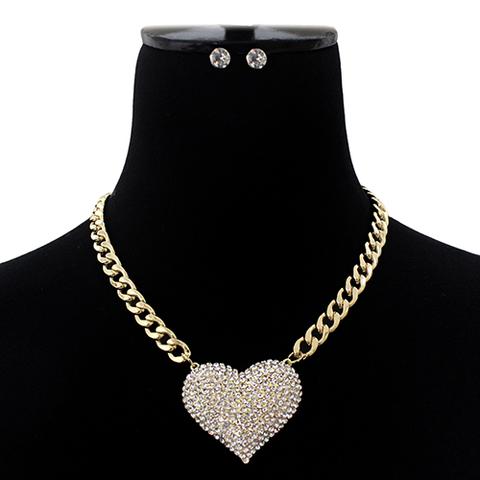 Elegant Rhinestone Pave Puffed Heart Pendant Short Necklace