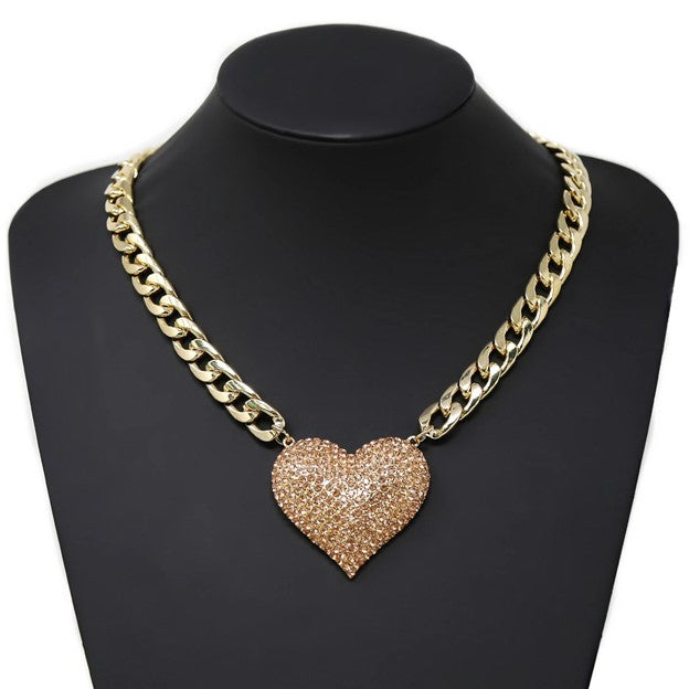 Elegant Rhinestone Pave Puffed Heart Pendant Short Necklace