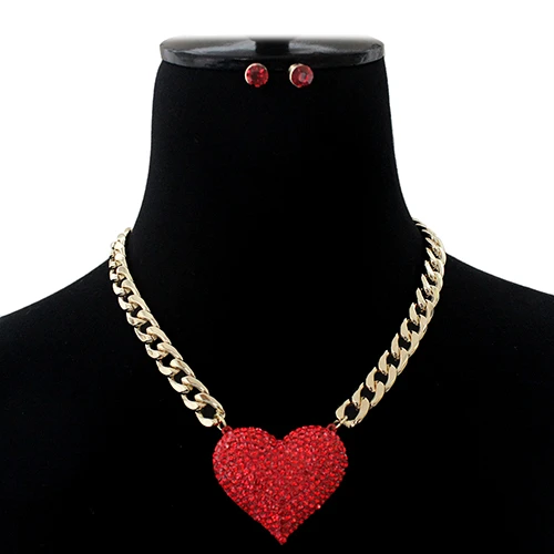 Rhinestone Pave Puffed Heart Pendant Short Necklace Siam