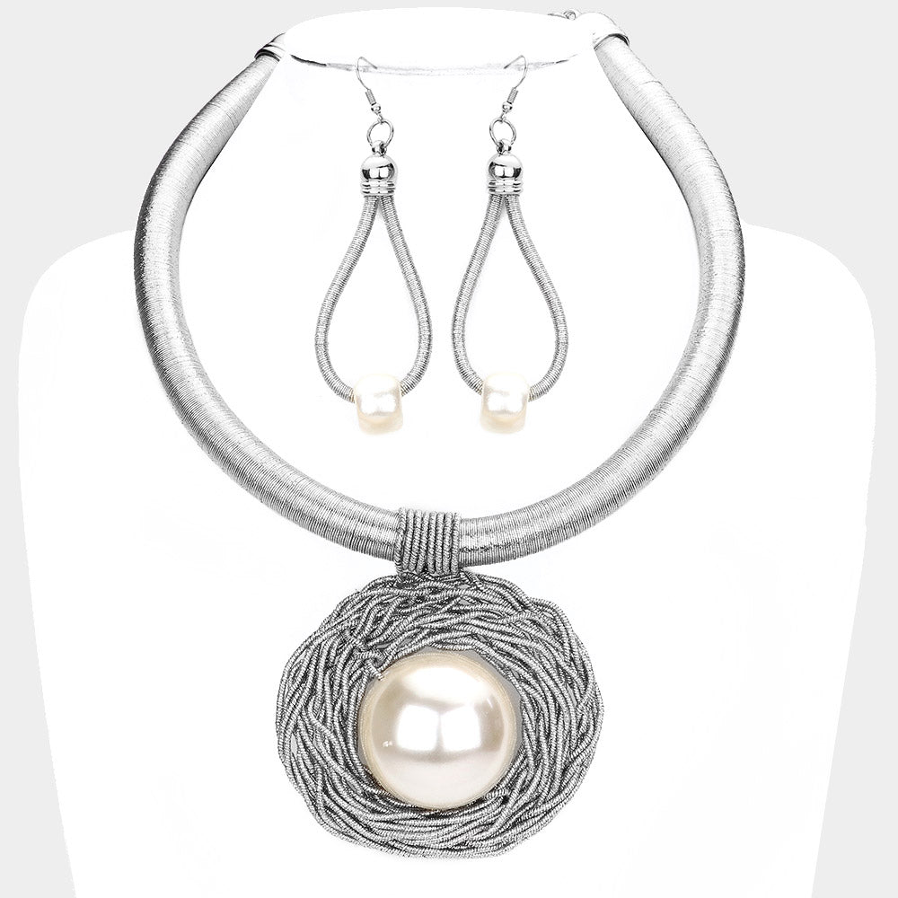 Silver Pearl Centered Braided Necklace